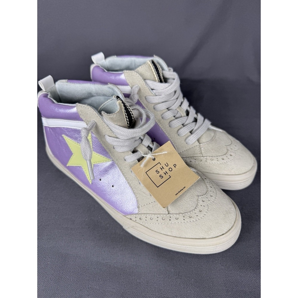 SHU SHOP Paulina Lilac Star High Top Sneakers Womens Size 8 Distress Leather New